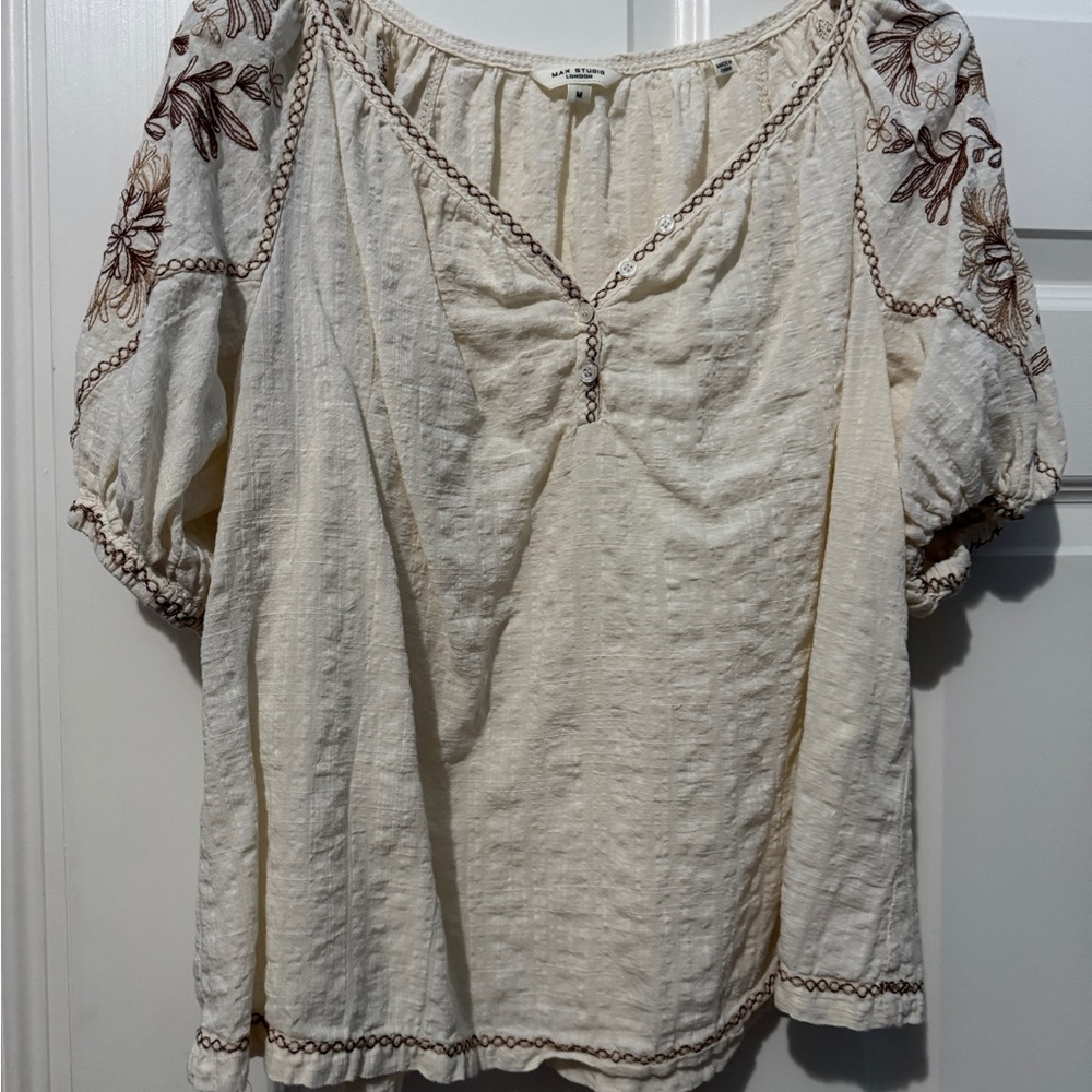 Max Studio Cream Blouse with Brown Floral Embroidery